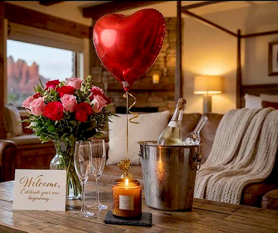 Romance Package set up in a villa with roses, a heart balloon, sparkling wine and a candle