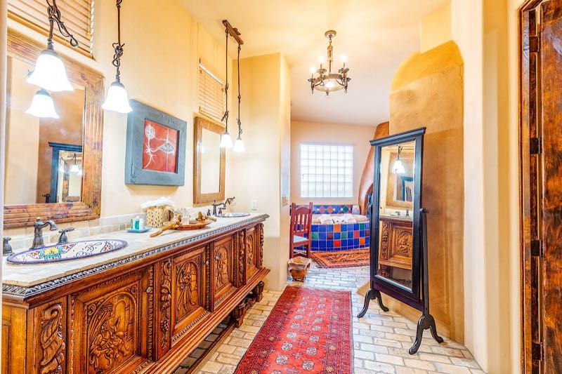 Hacienda villa hand-carved wood double vanity